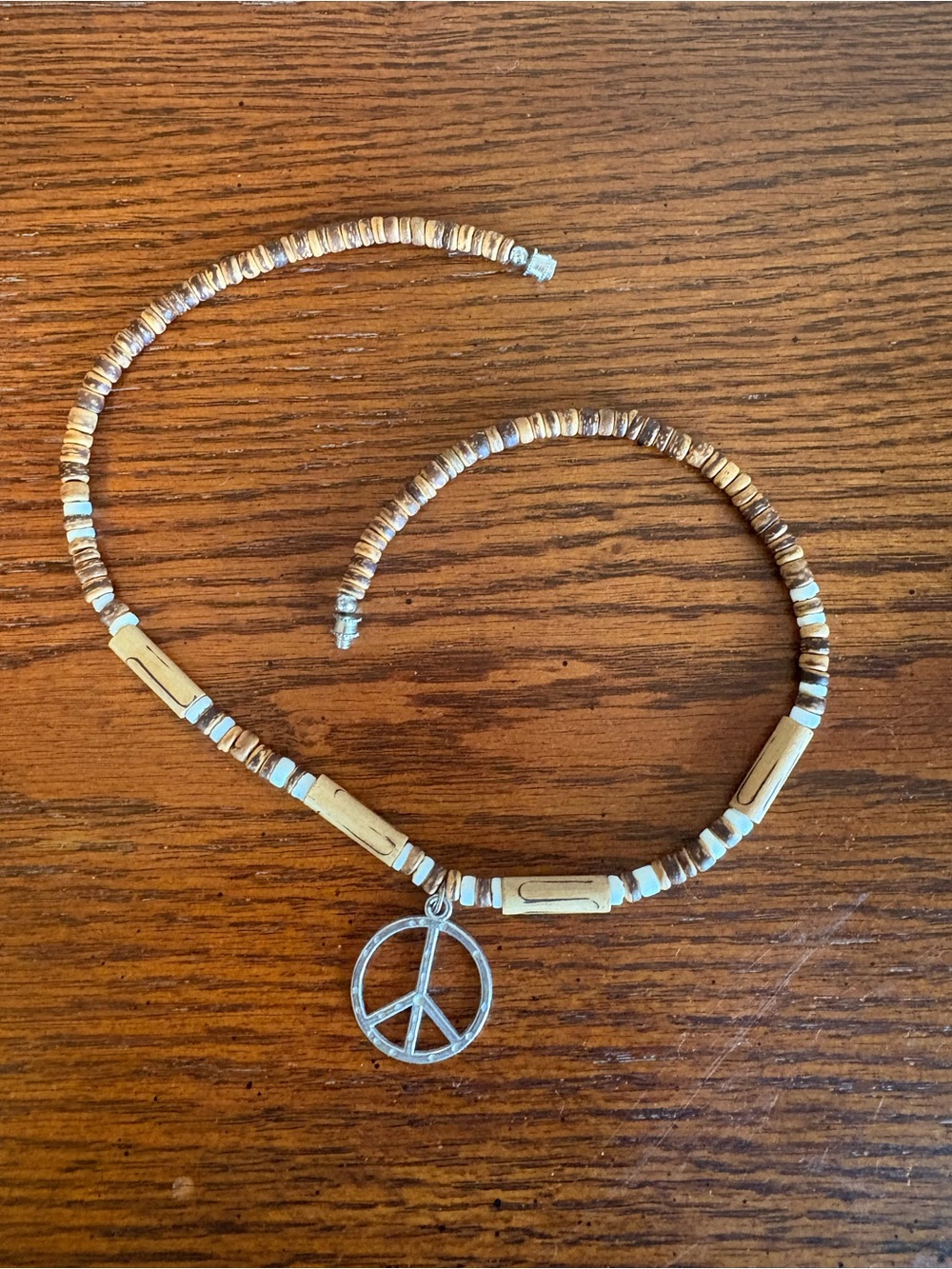 18 Inch Boho Peace Sign Necklace Brown Beads Silver Tone Pendant